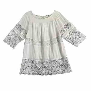 Chicos Blouse Womens Sz Medium White Floral Lace 3/4 Sleeve Round Neck Pullover